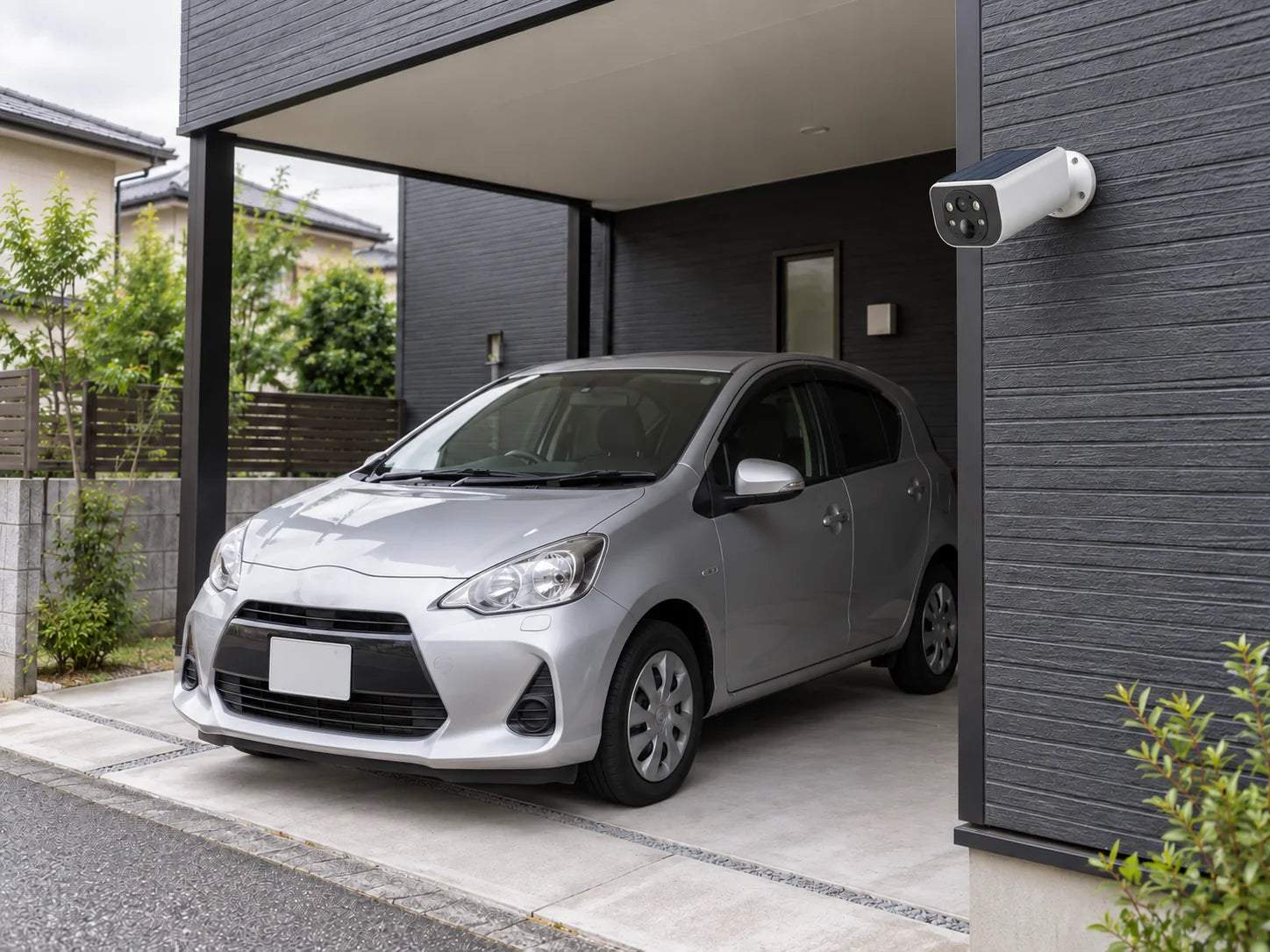 住宅の駐車場を見渡す位置に設置されたカメラ